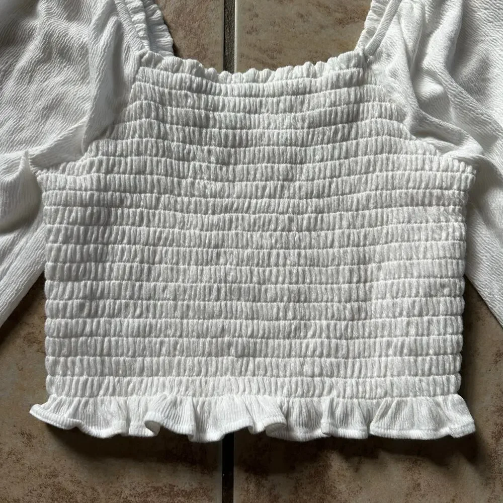 Free People Brencye Smocked Crop Top Boho White Size XSmall‎ Blouse Milkmaid